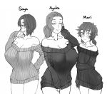  3girls :3 :d alternate_hairstyle aran_sweater arm_at_side arm_under_breasts ayako_(twrlare) bare_shoulders black_sweater blush breasts character_name collarbone commentary covered_nipples cowboy_shot english_commentary eyebrows_visible_through_hair eyes_visible_through_hair forehead freckles greyscale hair_over_one_eye hand_on_hip hand_on_own_cheek hand_to_own_mouth hand_up huge_breasts long_hair long_sleeves looking_at_viewer low_twintails mari_(twrlare) mature mole mole_under_eye monochrome mother_and_daughter mouth_visible_through_hair multiple_girls no_pants off-shoulder_sweater off_shoulder open_mouth original parted_lips ponytail ribbed_sweater saya_(twrlare) short_hair short_twintails siblings simple_background single_bare_shoulder sisters sleeves_past_wrists smile sweater twintails twrlare white_background 
