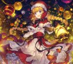  1girl :d black_gloves blonde_hair braid building capelet christmas christmas_ornaments christmas_tree commentary_request corset dress fur-trimmed_capelet fur-trimmed_hat fur_trim gloves holding_lantern lantern layered_dress long_hair long_sleeves looking_at_viewer night night_sky open_mouth original outdoors petticoat pom_pom_(clothes) red_headwear santa_costume signature sky smile soriya tassel twin_braids very_long_hair violet_eyes white_dress 
