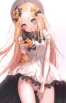 1girl abigail_williams_(fate/grand_order) black_bow blonde_hair blue_eyes blush bow dress fate/grand_order fate_(series) hair_bow hat highres long_hair looking_at_viewer merryj orange_bow panties solo standing stuffed_animal stuffed_toy teddy_bear thighs underwear white_dress white_headwear white_panties 
