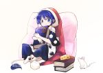  1girl animal blue_eyes blue_hair blush book book_hug buna_shimeji_(keymush) commentary_request doremy_sweet dress full_body hair_between_eyes hat holding holding_book mouse nightcap object_hug pom_pom_(clothes) rat short_hair sidelocks simple_background sitting smile solo tail tapir_tail touhou white_background white_footwear 