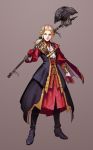  1girl aiguillette axe black_footwear bloodborne boots brooch brown_background cape cravat edelgard_von_hresvelg fire_emblem fire_emblem:_three_houses full_body gloves gold_trim highres horns jewelry long_sleeves looking_at_viewer over_shoulder red_cape red_gloves shroedinger simple_background solo violet_eyes 