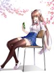  1girl :d artist_name bangs blue_skirt blunt_bangs blurry_foreground bra bra_peek breasts brown_hair brown_legwear cellphone chair cherry_blossoms doki_doki_literature_club eyebrows_visible_through_hair green_eyes green_nails hair_ribbon highres holding holding_cellphone holding_phone long_hair looking_at_viewer medium_breasts monika_(doki_doki_literature_club) open_mouth phone pleated_skirt ponytail potetos7 red_bra ribbon school_uniform see-through shirt shoes short_sleeves sidelocks simple_background sitting skirt smartphone smile solo thigh-highs underwear uwabaki very_long_hair watermark white_background white_footwear white_ribbon white_shirt wing_collar zettai_ryouiki 