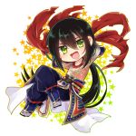  1boy arm_rest arms_behind_back black_hair chibi green_eyes lying_back male_focus monyoe open_mouth smile solo star tattoo yan_qing_(fate/grand_order) 