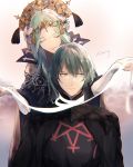  1boy 1girl armor blue_hair byleth_(fire_emblem) byleth_eisner_(male) closed_eyes closed_mouth crown fire_emblem fire_emblem:_three_houses flower green_hair hair_flower hair_ornament imaing long_hair rhea_(fire_emblem) short_hair smile tiara twitter_username 