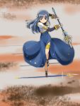  1girl blue_eyes blue_hair full_body hair_ornament highres holding holding_spear holding_weapon kinfuji long_hair looking_at_viewer magia_record:_mahou_shoujo_madoka_magica_gaiden magical_girl mahou_shoujo_madoka_magica nanami_yachiyo polearm running solo spear weapon 