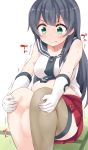  1girl absurdres agano_(kantai_collection) anchor_symbol artist_name asymmetrical_legwear black_hair black_neckwear black_sailor_collar blush collarbone commentary_request exercise flab gloves green_eyes highres kantai_collection leg_hug long_hair midriff necktie pleated_skirt plump red_skirt ryuki_(ryukisukune) sailor_collar school_uniform serafuku shirt simple_background single_thighhigh sit-up sitting skirt sleeveless sleeveless_shirt solo tatami thigh-highs white_background white_gloves 