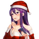  1girl :d artist_name bangs bare_shoulders blush box christmas commentary doki_doki_literature_club english_commentary gift gift_box hair_between_eyes hair_ornament hairclip hat highres incoming_gift long_hair long_sleeves looking_away off_shoulder open_mouth pom_pom_(clothes) purple_hair santa_costume santa_hat sasoura sidelocks simple_background smile solo upper_body violet_eyes white_background yuri_(doki_doki_literature_club) 