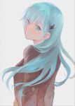  1girl aqua_eyes aqua_hair bangs blazer breasts from_behind grey_background hair_ornament hairclip head_tilt highres ishimaru jacket kantai_collection long_hair long_sleeves puckered_lips simple_background solo suzuya_(kantai_collection) 