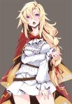  1girl blonde_hair breasts capelet chateau_gaillard_(oshiro_project) fang grey_background hair_between_eyes large_breasts long_hair looking_at_viewer nayutarou_(nyt_kag) open_mouth oshiro_project oshiro_project_re red_capelet simple_background solo violet_eyes 