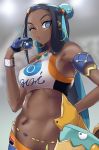  1girl armlet bare_shoulders belly_chain black_hair blue_eyes blue_eyeshadow blue_hair breasts dark_skin drednaw earrings eyeliner eyeshadow forehead gachou gloves gym_leader hair_bun highres holding holding_poke_ball hoop_earrings jewelry long_hair looking_at_viewer makeup medium_breasts multicolored_hair navel necklace one_eye_closed pendant poke_ball pokemon pokemon_(game) pokemon_swsh puckered_lips rurina_(pokemon) shorts single_glove sports_bra sportswear two-tone_hair wristband 