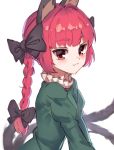  1girl animal_ears black_bow blush bow braid cat_ears dress eyebrows_visible_through_hair frills from_side green_dress hair_bow highres juliet_sleeves kaenbyou_rin long_hair long_sleeves looking_at_viewer multiple_tails puffy_sleeves red_eyes redhead simple_background smile solo tail touhou twin_braids two_tails upper_body white_background yanyan_(shinken_gomi) 