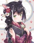  1girl animal_ear_fluff animal_ears bangs black_flower black_hair black_kimono blush braid cat_ears closed_mouth commentary_request floral_print flower green_eyes hair_between_eyes hair_bun hair_flower hair_ornament hands_up japanese_clothes kimono kurasawa_moko kyaru_(princess_connect) long_hair long_sleeves looking_at_viewer multicolored_hair obi pink_nails princess_connect! princess_connect!_re:dive print_kimono red_flower sash solo streaked_hair white_flower white_hair wide_sleeves 