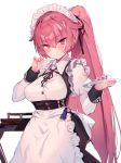  1girl bangs belt blush breasts cake closed_mouth dessert dress eyebrows_visible_through_hair eyelashes food food_on_face frilled_dress frills girls_frontline hair_between_eyes hair_ribbon highres holding holding_plate long_hair long_sleeves maid maid_headdress medium_breasts ntw-20_(girls_frontline) pink_eyes pink_hair plate ponytail ribbon simple_background solo soukou_makura tassel white_background 