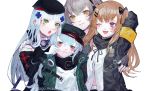  404_(girls_frontline) 4girls :3 :d :o annoyed arm_up armband bangs belly_peek black_bow black_gloves black_headwear black_scarf blue_hair blunt_bangs bow brown_hair cheek_poking closed_mouth cross_hair_ornament fingerless_gloves g11_(girls_frontline) girls_frontline gloves green_eyes grey_hair hair_bow hair_ornament hairclip hand_on_another&#039;s_shoulder hat highres hk416_(girls_frontline) jacket long_hair looking_at_another looking_away mochacot multiple_girls one_eye_closed one_side_up open_clothes open_jacket open_mouth partially_unbuttoned poking red_eyes scar scar_across_eye scarf shirt simple_background smile twitter_username ump45_(girls_frontline) ump9_(girls_frontline) upper_body white_background white_gloves white_shirt yellow_eyes 