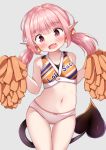  1girl :d bangs bare_shoulders blush bow bow_panties breasts cheerleader clothes_writing crop_top demon_girl demon_tail eyebrows_visible_through_hair fang grey_background hair_between_eyes hair_bow head_tilt highres holding long_hair looking_at_viewer mochiyuki navel no_pants open_mouth orange_bow orange_shirt original panties pink_hair pointy_ears polka_dot polka_dot_bow pom_poms red_eyes shirt simple_background sleeveless sleeveless_shirt small_breasts smile solo stomach succubus tail thigh_gap twintails underwear white_panties 