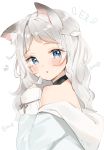  1girl animal_ear_fluff animal_ears bangs black_choker blue_dress blue_eyes blush cat_ears choker dress eyebrows_visible_through_hair fang fish_hair_ornament grey_hair hair_ornament hand_up highres hood hood_down hooded_dress long_hair long_sleeves looking_at_viewer looking_to_the_side off_shoulder original parted_bangs parted_lips shiratama_akane signature simple_background sleeves_past_wrists solo upper_body white_background 