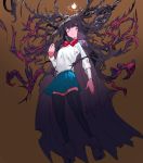  1girl 8tan black_legwear blue_skirt bow brown_background cape eyebrows_visible_through_hair glowing gradient gradient_background halloween highres living_hair long_hair original red_bow red_neckwear sketch skirt solo thigh-highs throne violet_eyes 