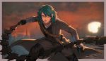  aqua_hair belt black_footwear black_gloves bloodborne blue_eyes boots bracer byleth_(fire_emblem) fighting_stance fire_emblem fire_emblem:_three_houses gloves hair_between_eyes holding_whip hunter_(bloodborne) knee_boots long_sleeves looking_at_viewer outdoors shroedinger solo standing whip 