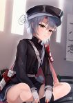  1girl absurdres azur_lane bangs belt black_headwear black_legwear black_shirt black_shorts blush buttons closed_mouth commentary_request embarrassed fingerless_gloves flat_chest gloves grey_hair hat high_collar highres horns indian_style kinu_(azur_lane) kyuuri_no_tsukemono long_sleeves low_ponytail military military_hat military_uniform nail_polish oni_horns peaked_cap red_nails shirt short_hair short_shorts shorts shoulder_armor sidelocks sitting socks solo sweatdrop tied_hair uniform white_gloves yellow_eyes 