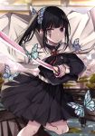  1girl absurdres animal bangs belt black_hair black_jacket black_skirt blurry blurry_background blurry_foreground bug butterfly butterfly_hair_ornament cape closed_mouth commentary_request depth_of_field eyebrows_visible_through_hair hair_ornament highres holding holding_sword holding_weapon insect jacket katana kimetsu_no_yaiba long_hair long_sleeves looking_at_viewer norazura pleated_skirt side_ponytail skirt solo standing standing_on_one_leg sword tsuyuri_kanao v-shaped_eyebrows violet_eyes weapon white_belt white_cape 