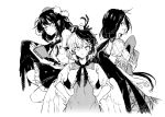  3girls :&lt; animal animal_on_head bird book breasts chick cowboy_hat dress feathered_wings greyscale hat hisona_(suaritesumi) holding holding_book kurokoma_saki long_hair looking_at_viewer medium_breasts medium_hair monochrome multiple_girls niwatari_kutaka notebook on_head pointy_ears pom_pom_(clothes) ponytail shameimaru_aya shirt short_sleeves simple_background skirt tokin_hat touhou white_background wings 