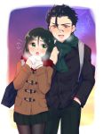  1boy 1girl bangs baozi black_hair black_legwear blush bob_cut breath brother_and_sister eating fate/zero fate_(series) food genderswap genderswap_(mtf) green_eyes green_hair hair_between_eyes hand_in_pocket jacket lancer_(fate/zero) mole monyoe pantyhose parted_bangs scarf sensha_otoko siblings waver_velvet yellow_eyes 