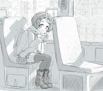  1girl backpack bag blush boots bus_interior buttons cardigan chair day fur grin hair_ornament hairclip high_heel_boots high_heels highres holding idolmaster idolmaster_cinderella_girls leaning_forward long_sleeves looking_at_viewer mikuma_folgore miniskirt monochrome ryuuzaki_kaoru scarf shade short_hair sitting sketch skirt sleeves_past_wrists smile socks_over_thighhighs solo themed_object thigh-highs wallet waving window 