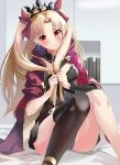 1girl asymmetrical_legwear asymmetrical_sleeves bangs black_legwear blonde_hair blush bow breasts cape closed_mouth detached_collar earrings ereshkigal_(fate/grand_order) fate/grand_order fate_(series) gold_trim hair_bow highres holding holding_hair infinity jewelry knees_together_feet_apart knees_up long_hair looking_at_viewer medium_breasts parted_bangs red_bow red_cape red_eyes single_sleeve single_thighhigh sitting skull solo thigh-highs thighs tiara tukise_33 two_side_up 