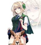  1girl animal blonde_hair blue_neckwear braid braided_bangs braided_bun breasts buttons collared_shirt commentary_request eyebrows_visible_through_hair gesugao green_vest iya_na_kao_sare_nagara_kozukuri_sasete_moraitai kangaroo kantai_collection large_breasts lifted_by_self multiple_views necktie open_mouth perth_(kantai_collection) shaded_face shirt short_hair simple_background skirt skirt_lift tk8d32 vest violet_eyes white_background white_shirt 