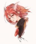  1girl flower from_side hair_between_eyes half-closed_eyes hisona_(suaritesumi) horns ibaraki_douji&#039;s_arm ibaraki_kasen light_smile medium_hair parted_lips portrait red_eyes red_flower red_rose redhead rose simple_background sketch solo spoilers touhou wild_and_horned_hermit 
