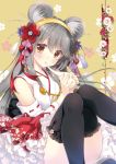  1girl animal_ear_fluff animal_ears bare_shoulders black_legwear brown_eyes chinese_zodiac detached_sleeves eyebrows_visible_through_hair grey_hair hairband haruna_(kantai_collection) kantai_collection long_hair looking_at_viewer mouse_ears nontraditional_miko shigunyan solo thigh-highs year_of_the_rat yellow_hairband 