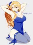  1girl armpits arms_behind_head arms_up bangs blonde_hair blue_bow blue_dress blue_legwear blush bow breasts brown_eyes chocojax choker collarbone dress drill_hair earrings fate/hollow_ataraxia fate_(series) grey_background hair_bow high_heels highres jewelry lace_trim large_breasts long_hair looking_at_viewer luviagelita_edelfelt necklace open_mouth seiza shiny shiny_hair simple_background sitting solo thigh-highs thighs type-moon ufotable unlimited_blade_works 