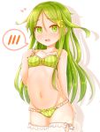  1girl absurdres bangs blush bra breasts collarbone crescent crescent_hair_ornament eyebrows_visible_through_hair frills green_bra green_eyes green_hair green_panties hair_ornament heart highres kantai_collection long_hair nagatsuki_(kantai_collection) navel open_mouth panties simple_background small_breasts solo spoken_blush striped striped_bra striped_panties suzushiro_(gripen39) thigh-highs underwear white_background white_legwear 