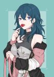  1girl akina_(akn_646) alternate_costume aqua_background aqua_hair bangs bare_shoulders black_nails blue_eyes byleth_(fire_emblem) byleth_eisner_(female) candy casual coat collarbone earrings female_my_unit_(fire_emblem:_three_houses) fire_emblem fire_emblem:_three_houses fire_emblem:_three_houses fire_emblem_16 food highres holding holding_food intelligent_systems jewelry licking lollipop long_hair long_sleeves my_unit_(fire_emblem:_three_houses) nail_polish necklace nintendo o-ring off_shoulder open_clothes open_coat open_mouth ring skindentation solo tassel tassel_earrings tongue tongue_out torn_clothes two-tone_background upper_body upper_teeth 