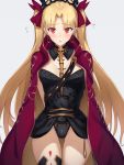  1girl akatsuki_ikki arms_behind_back asymmetrical_legwear asymmetrical_sleeves bangs between_breasts black_legwear black_leotard blonde_hair blush bow breasts cape detached_collar earrings ereshkigal_(fate/grand_order) fate/grand_order fate_(series) flying_sweatdrops gold_trim hair_bow infinity jewelry leotard long_hair looking_at_viewer medium_breasts open_mouth parted_bangs red_bow red_cape red_eyes simple_background single_sleeve single_thighhigh skull solo spine thigh-highs thighs tiara two_side_up white_background 