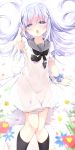  1girl bangs black_legwear black_neckwear blue_bow blue_eyes blue_flower blurry blurry_foreground blush bow commentary_request covered_navel depth_of_field dress eyebrows_visible_through_hair floating_hair flower gochuumon_wa_usagi_desu_ka? grey_sailor_collar hair_between_eyes hair_ornament highres kafuu_chino kneehighs kouda_suzu long_hair looking_at_viewer neckerchief open_mouth outstretched_arm puffy_short_sleeves puffy_sleeves red_flower sailor_collar sailor_dress see-through see-through_silhouette short_sleeves silver_hair solo very_long_hair white_dress white_flower x_hair_ornament 