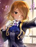  1girl ascot backlighting biting blonde_hair blurry blurry_background blush breasts brown_eyes brown_hair butler collared_shirt commentary dark_skin earrings eyebrows_visible_through_hair feathers female_butler gem glove_biting gloves gradient_hair highres idolmaster idolmaster_shiny_colors izumi_mei jewelry kakitsubata_zero large_breasts long_eyelashes long_hair looking_at_viewer multicolored_hair one_eye_closed shirt signature solo sparkle suit_jacket tan translation_request vest window 