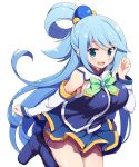  1girl aqua_(konosuba) blue_eyes blue_footwear blue_hair blue_shirt blue_skirt bow commentary detached_sleeves eyebrows_visible_through_hair floating green_bow hair_rings kono_subarashii_sekai_ni_shukufuku_wo! legs_up long_hair looking_at_viewer miniskirt odawara_hakone open_mouth ponytail shirt simple_background skirt sleeveless sleeveless_shirt smile solo very_long_hair white_background 