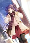 1girl absurdres alternate_costume black_gloves black_legwear commission fire_emblem fire_emblem:_the_sacred_stones gloves highres jacket long_sleeves multi-tied_hair myrrh_(fire_emblem) no_wings open_mouth purple_hair red_eyes red_skirt sayumari scarf skirt sky snowing solo tree twintails