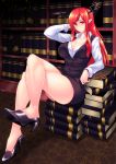  1girl arm_up bare_legs black_footwear black_skirt black_vest black_wings book_stack bookshelf breasts collared_shirt commentary_request head_wings high_heels highres indoors koakuma large_breasts long_hair long_sleeves looking_at_viewer miniskirt pointy_ears red_eyes redhead shirt shoes sitting skirt skirt_set solo touhou vest warugaki_(sk-ii) white_shirt wing_collar wings 