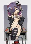  1boy ankle_socks bangs collarbone commentary desk eyeball_hair_ornament fang hair_ornament hair_over_one_eye hairpin hand_on_leg highres nail_polish neko_860 on_desk open_mouth original otoko_no_ko purple_hair shirt shoes simple_background sitting sitting_on_desk skirt skull skull_hair_ornament sneakers sticker stitches sweater t-shirt violet_eyes 
