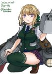  1girl adapted_turret artist_name blonde_hair blue_neckwear bobokuboboku braid braided_bangs braided_bun brown_footwear cannon character_name commentary_request dated full_body green_legwear green_vest hair_between_eyes hair_ribbon kantai_collection loafers looking_at_viewer machinery necktie perth_(kantai_collection) plaid plaid_skirt pleated_skirt ribbon shirt shoes short_hair short_sleeves simple_background skirt solo squatting thigh-highs turret vest violet_eyes white_background white_shirt 