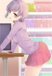  1girl against_table blurry blurry_background blush breasts depth_of_field eyebrows_visible_through_hair from_side holding holding_stylus indoors komone_ushio long_sleeves looking_at_viewer miniskirt open_mouth original pleated_skirt purple_hair purple_sweater red_skirt short_hair skirt small_breasts solo stylus sweater table violet_eyes 