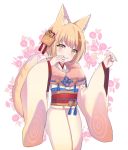  1girl animal_ears bell blonde_hair brown_hair fire_emblem fire_emblem_fates fire_emblem_heroes fox_ears fox_tail grin hair_ornament highres japanese_clothes kimono lilshironeko long_sleeves multicolored_hair obi sash selkie_(fire_emblem) smile solo streaked_hair tail wide_sleeves yellow_eyes 