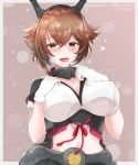  1girl 7comachi7 blush breasts brown_eyes brown_hair covered_nipples eyebrows_visible_through_hair gloves hair_between_eyes hairband headgear highres kantai_collection large_breasts looking_at_viewer midriff mutsu_(kantai_collection) navel open_mouth radio_antenna short_hair smile solo white_gloves 