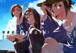  3girls asakusa_midori bangs bird black_legwear blazer blue_eyes blue_neckwear blue_skirt brown_eyes brown_hair camouflage_hat clouds cloudy_sky collarbone collared_shirt copyright_name day eizouken_ni_wa_te_wo_dasu_na! eyewear_on_head freckles furu_(retr0e) glasses grin hat jacket kanamori_sayaka kneehighs long_sleeves looking_at_viewer medium_hair mizusaki_tsubame multiple_girls necktie open_mouth outdoors pantyhose parted_bangs school_uniform shirt short_hair sitting skirt sky smile squatting sunlight teeth thick_eyebrows white_shirt 