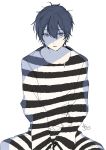  1boy absurdres amamiya_ren bangs black_hair eyebrows_visible_through_hair grey_background hair_between_eyes highres looking_at_viewer male_focus parted_lips persona persona_5 prison_clothes signature simple_background sitting sofra solo striped violet_eyes white_background 