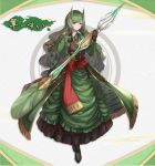  bangs black_gloves breasts brown_eyes commentary_request dolce_(dolsuke) dress eyebrows_visible_through_hair gloves green_capelet green_dress green_ribbon highres holding holding_spear holding_weapon large_breasts looking_at_viewer oni oni_horns original polearm ribbon smile solo spear tagme translation_request weapon 