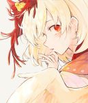  1girl :o animal animal_on_head bird bird_wings blonde_hair chick from_side hisona_(suaritesumi) looking_at_viewer medium_hair multicolored_hair niwatari_kutaka on_head profile red_eyes redhead simple_background solo touhou upper_body white_background wings 