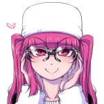  1girl bleach closed_mouth commentary_request dokugamine_riruka glasses hanya_(hanya_yashiki) hat long_hair looking_at_viewer nail_polish purple_hair simple_background smile solo twintails violet_eyes white_background 